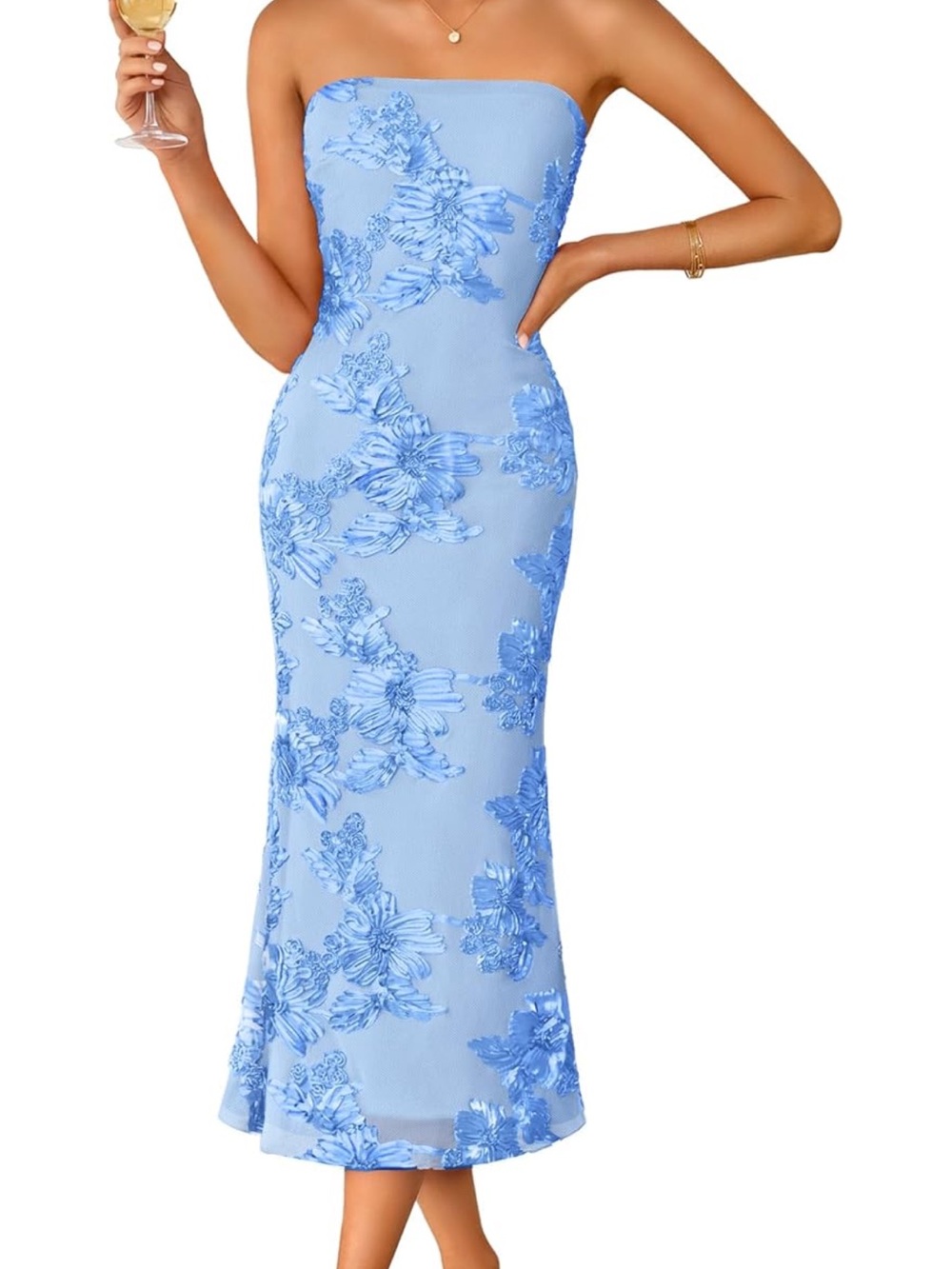Strapless Light Blue Floral Lace Midi Dress